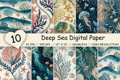 Deep Sea Digital Paper Pack, Seamless Watercolor Ocean Pattern Bundle, Printable Scrapbook Paper, Underwater Coral Design Collection Digital Pattern FloridPrintables 