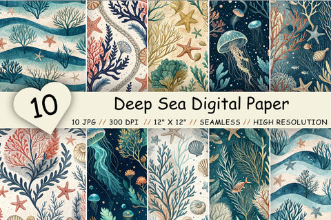 Deep Sea Digital Paper Pack, Seamless Watercolor Ocean Pattern Bundle, Printable Scrapbook Paper, Underwater Coral Design Collection Digital Pattern FloridPrintables 