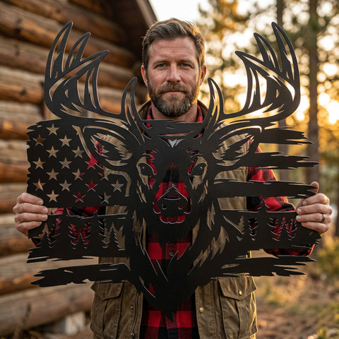 Deer and American Flag SVG | Buck Head Metal Wall Art | Hunting Decor Cut File | Plasma CNC DXF Eps Png | Rustic Cabin Patriotic Sign SVG HappyDesignStudio 
