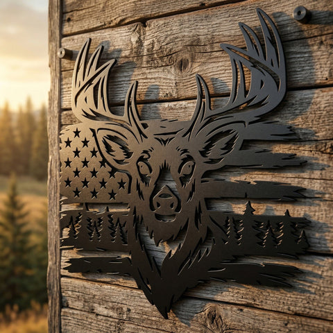Deer and American Flag SVG | Buck Head Metal Wall Art | Hunting Decor Cut File | Plasma CNC DXF Eps Png | Rustic Cabin Patriotic Sign SVG HappyDesignStudio 