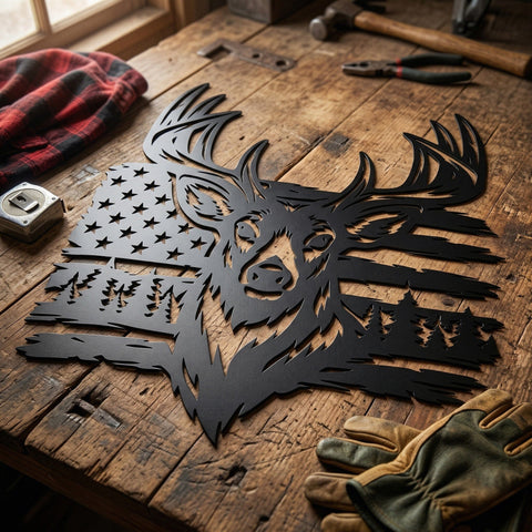 Deer and American Flag SVG | Buck Head Metal Wall Art | Hunting Decor Cut File | Plasma CNC DXF Eps Png | Rustic Cabin Patriotic Sign SVG HappyDesignStudio 