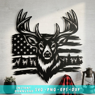 Deer and American Flag SVG | Buck Head Metal Wall Art | Hunting Decor Cut File | Plasma CNC DXF Eps Png | Rustic Cabin Patriotic Sign SVG HappyDesignStudio 
