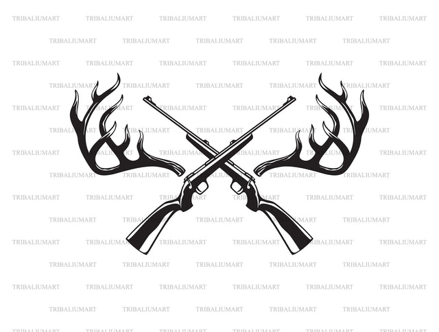 Deer Antlers And Crossed Hunting Rifles SVG TribaliumArtSF 
