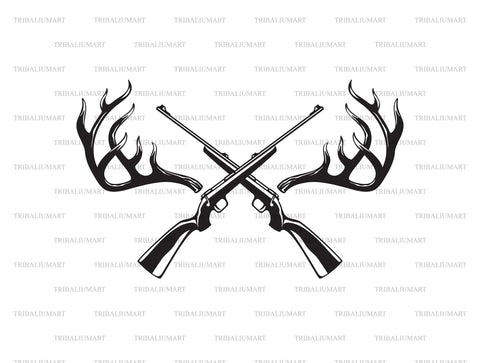 Deer Antlers And Crossed Hunting Rifles SVG TribaliumArtSF 