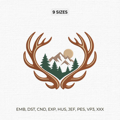 Deer Antlers Mountain Embroidery Design – Forest Landscape Sunset Wildlife Hunting Machine Embroidery File Embroidery/Applique DESIGNS PatternFeed8 