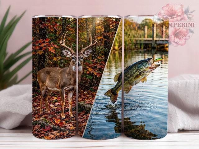 Deer & Bass Split 20oz Tumbler, Deer Motif, Bass Fish, Split Design, Outdoor Theme, Rustic Charm, Skinny Tumbler, Sublimation PNG Sublimation Li Zamperini 