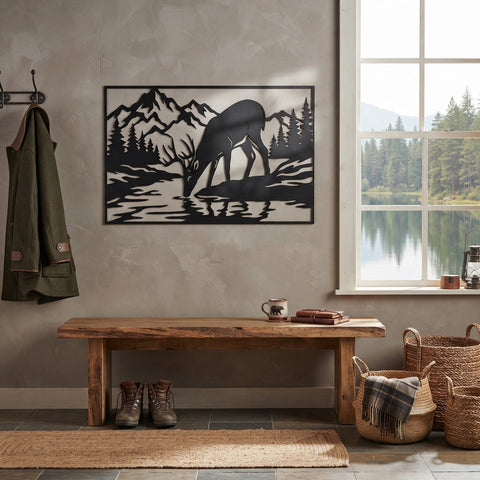 Deer Drinking Lake Laser SVG | Mountain Deer Metal Wall Art DXF | Wildlife Plasma CNC Cut File | Rustic Cabin Decor | Laser Cut Svg SVG HappyDesignStudio 