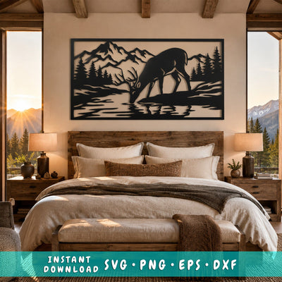 Deer Drinking Lake Laser SVG | Mountain Deer Metal Wall Art DXF | Wildlife Plasma CNC Cut File | Rustic Cabin Decor | Laser Cut Svg SVG HappyDesignStudio 