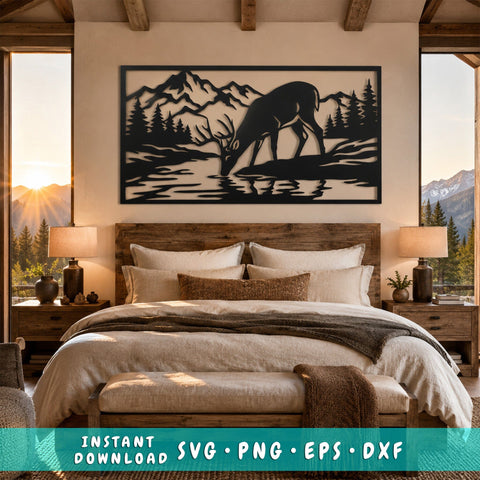 Deer Drinking Lake Laser SVG | Mountain Deer Metal Wall Art DXF | Wildlife Plasma CNC Cut File | Rustic Cabin Decor | Laser Cut Svg SVG HappyDesignStudio 
