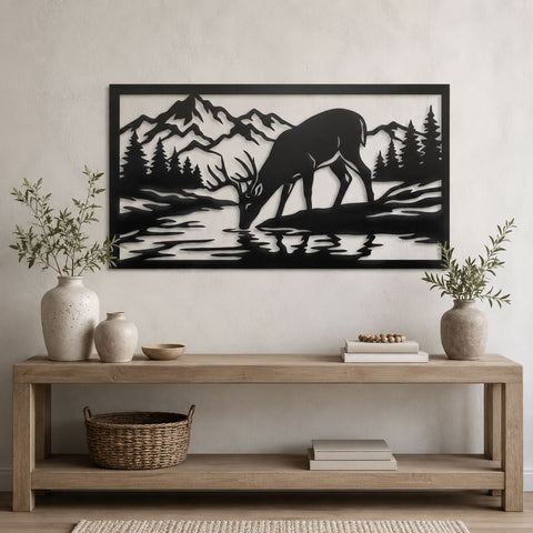 Deer Drinking Lake Laser SVG | Mountain Deer Metal Wall Art DXF | Wildlife Plasma CNC Cut File | Rustic Cabin Decor | Laser Cut Svg SVG HappyDesignStudio 