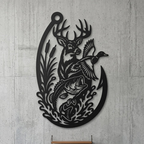 Deer Duck Bass Fish in Hook Laser SVG | Hunting Fishing Metal Wall Art DXF | Buck Wildlife Plasma CNC Cut File | Rustic Outdoor Decor SVG HappyDesignStudio 