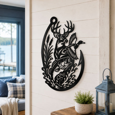 Deer Duck Bass Fish in Hook Laser SVG | Hunting Fishing Metal Wall Art DXF | Buck Wildlife Plasma CNC Cut File | Rustic Outdoor Decor SVG HappyDesignStudio 