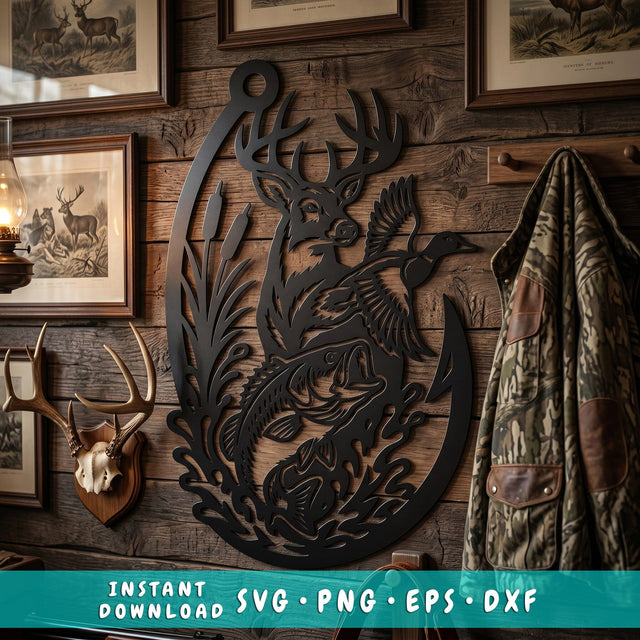 Deer Duck Bass Fish in Hook Laser SVG | Hunting Fishing Metal Wall Art DXF | Buck Wildlife Plasma CNC Cut File | Rustic Outdoor Decor