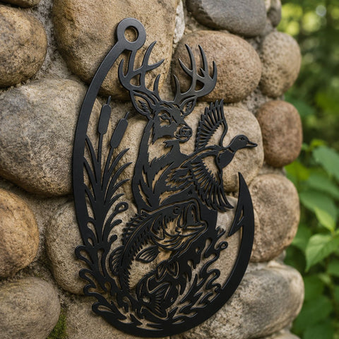 Deer Duck Bass Fish in Hook Laser SVG | Hunting Fishing Metal Wall Art DXF | Buck Wildlife Plasma CNC Cut File