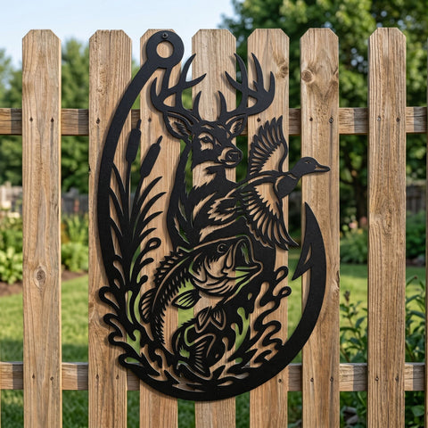 Deer Duck Bass Fish in Hook Laser SVG | Hunting Fishing Metal Wall Art DXF | Buck Wildlife Plasma CNC Cut File | Rustic Outdoor Decor SVG HappyDesignStudio 