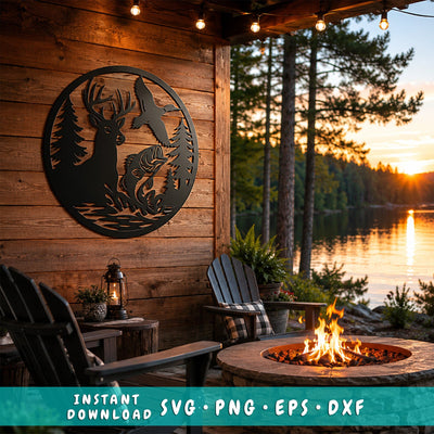Deer Duck Bass Fish Wildlife Scene Laser SVG | Hunting Metal Wall Art DXF | CNC Plasma Cut File | Rustic Cabin Decor Laser Cut Svg SVG HappyDesignStudio 