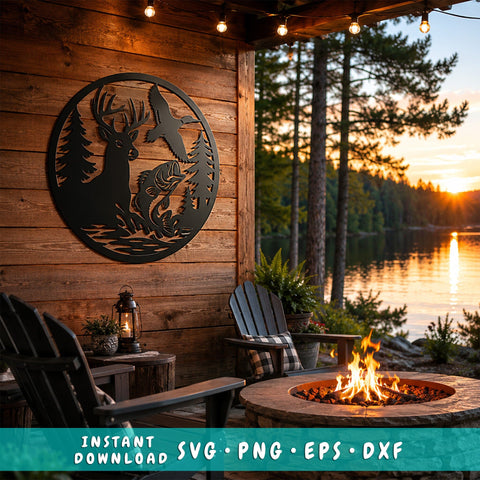 Deer Duck Bass Fish Wildlife Scene Laser SVG | Hunting Metal Wall Art DXF | CNC Plasma Cut File | Rustic Cabin Decor Laser Cut Svg SVG HappyDesignStudio 