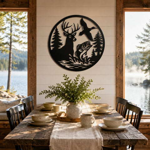 Deer Duck Bass Fish Wildlife Scene Laser SVG | Hunting Metal Wall Art DXF | CNC Plasma Cut File | Rustic Cabin Decor Laser Cut Svg SVG HappyDesignStudio 