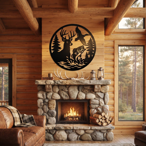 Deer Duck Bass Fish Wildlife Scene Laser SVG | Hunting Metal Wall Art DXF | CNC Plasma Cut File | Rustic Cabin Decor Laser Cut Svg SVG HappyDesignStudio 