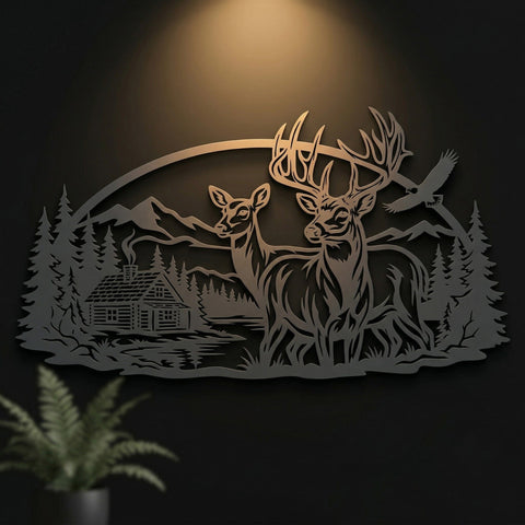 Deer Family Metal Wall Art SVG | Wildlife Plasma Cut File | Buck Doe Cabin Scene | CNC Laser Cut DXF | Rustic Hunting Decor Svg SVG HappyDesignStudio 