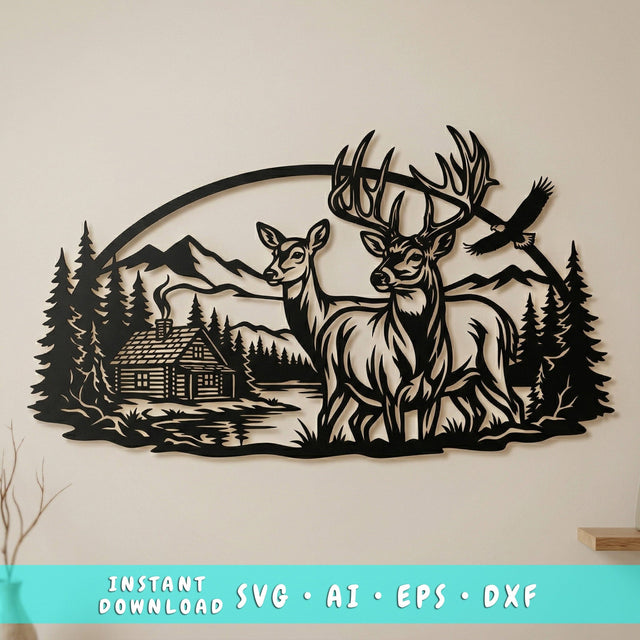 Deer Family Metal Wall Art SVG | Wildlife Plasma Cut File | Buck Doe Cabin Scene | CNC Laser Cut DXF | Rustic Hunting Decor Svg SVG HappyDesignStudio 