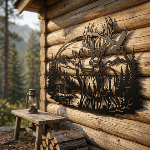 Deer Family Metal Wall Art SVG | Wildlife Plasma Cut File | Buck Doe Cabin Scene | CNC Laser Cut DXF | Rustic Hunting Decor Svg SVG HappyDesignStudio 