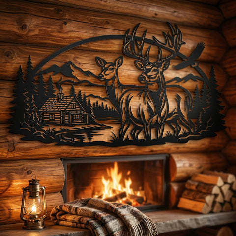 Deer Family Metal Wall Art SVG | Wildlife Plasma Cut File | Buck Doe Cabin Scene | CNC Laser Cut DXF | Rustic Hunting Decor Svg SVG HappyDesignStudio 