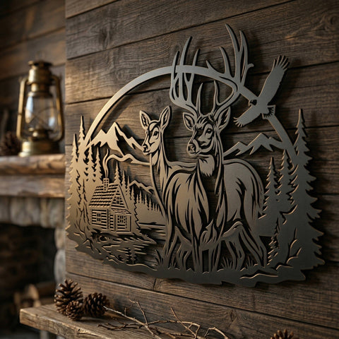 Deer Family Metal Wall Art SVG | Wildlife Plasma Cut File | Buck Doe Cabin Scene | CNC Laser Cut DXF | Rustic Hunting Decor Svg SVG HappyDesignStudio 