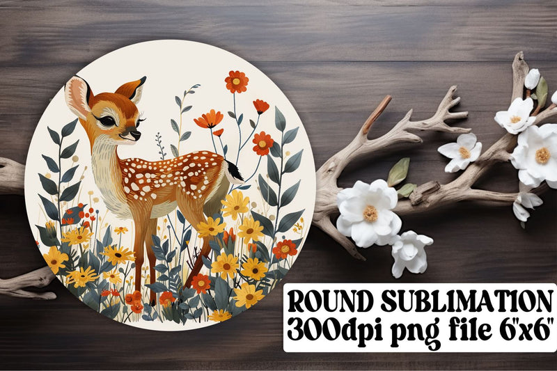 Deer & Flower Keychain Sublimation Design Round Watercolor Style Sublimation afrosvg 
