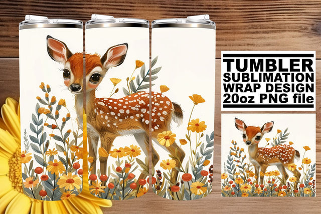 Deer & Flower Tumbler Wrap Sublimation Design 20oz Watercolor Style Sublimation afrosvg 