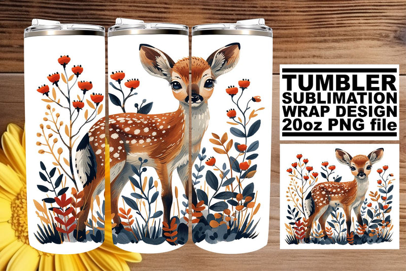 Deer & Flower Tumbler Wrap Sublimation Design 20oz Watercolor Style Sublimation afrosvg 