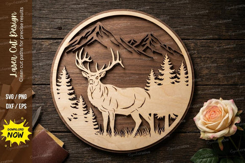 Deer Forest Mountain Layered Mandala – Laser Cut Wooden Wall Art SVG Regulrcrative 