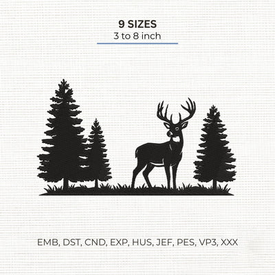 Deer Forest Silhouette Embroidery Design – Buck with Pine Trees Woodland Wildlife Machine Embroidery File Embroidery/Applique DESIGNS PatternFeed8 