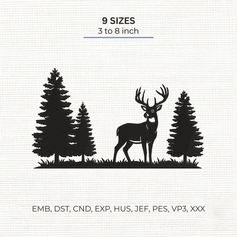 Deer Forest Silhouette Embroidery Design – Buck with Pine Trees Woodland Wildlife Machine Embroidery File Embroidery/Applique DESIGNS PatternFeed8 