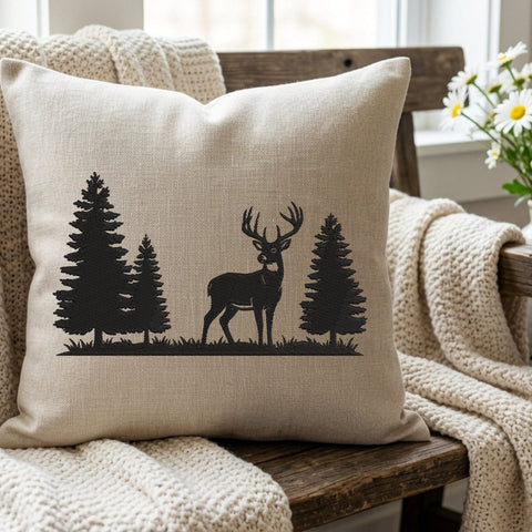 Deer Forest Silhouette Embroidery Design – Buck with Pine Trees Woodland Wildlife Machine Embroidery File Embroidery/Applique DESIGNS PatternFeed8 