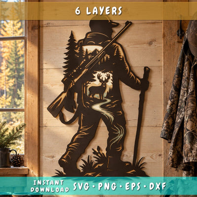 Deer Hunter 3D Multilayer SVG | Hunting Layered SVG | Deer Hunting Laser Cut File | Hunter with Rifle SVG | 6 Layer Wildlife Wall Art 3D Paper HappyDesignStudio 
