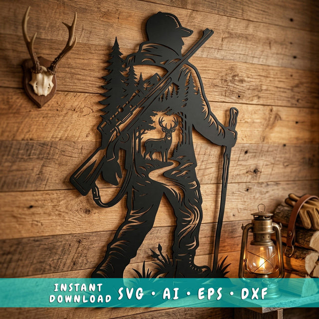 Deer Hunter Metal Wall Art SVG, Hunting Scene DXF for Plasma CNC, Deer Hunter Silhouette File, Rustic Cabin Decor Svg, Wild Nature Laser Svg SVG HappyDesignStudio 