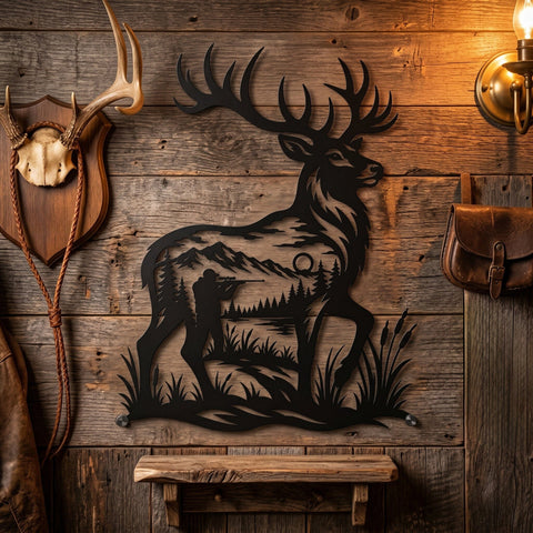 Deer Hunter Scene Laser SVG | Hunting Metal Wall Art DXF | CNC Plasma Cut File | Buck Silhouette Cabin Decor | Wildlife Laser Cut Svg SVG HappyDesignStudio 