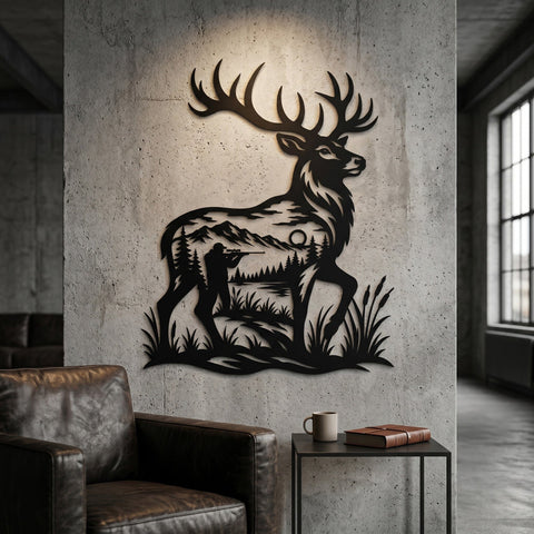 Deer Hunter Scene Laser SVG | Hunting Metal Wall Art DXF | CNC Plasma Cut File | Buck Silhouette Cabin Decor | Wildlife Laser Cut Svg SVG HappyDesignStudio 