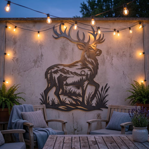 Deer Hunter Scene Laser SVG | Hunting Metal Wall Art DXF | CNC Plasma Cut File | Buck Silhouette Cabin Decor | Wildlife Laser Cut Svg SVG HappyDesignStudio 