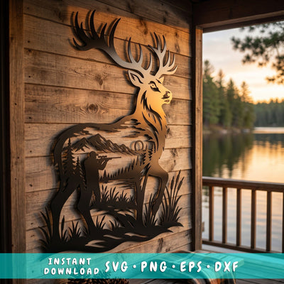 Deer Hunter Scene Laser SVG | Hunting Metal Wall Art DXF | CNC Plasma Cut File | Buck Silhouette Cabin Decor | Wildlife Laser Cut Svg SVG HappyDesignStudio 