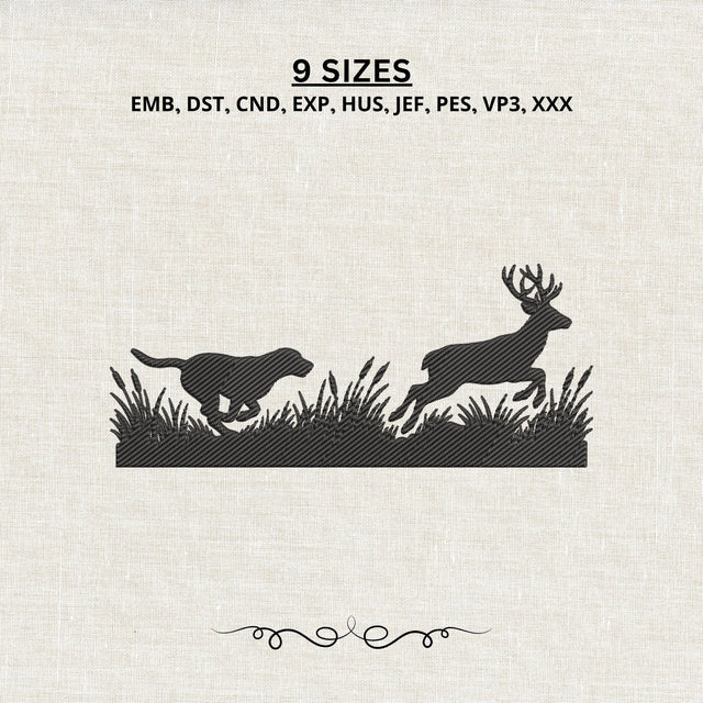 Deer Hunting Dog Embroidery Design – Labrador Chasing Buck Wildlife Silhouette Machine Embroidery File Embroidery/Applique DESIGNS PatternFeed8 