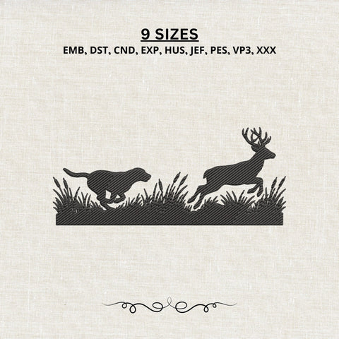 Deer Hunting Dog Embroidery Design – Labrador Chasing Buck Wildlife Silhouette Machine Embroidery File Embroidery/Applique DESIGNS PatternFeed8 