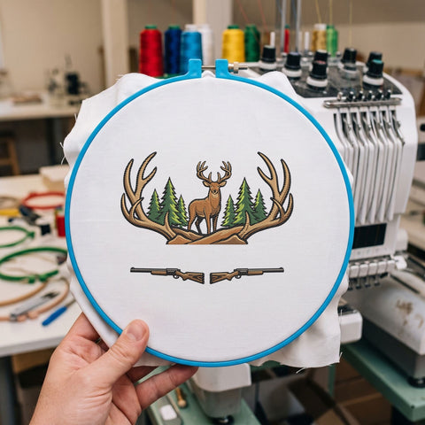 Deer Hunting Embroidery Design – Whitetail Buck Antlers Pine Forest Hunting Rifle Machine Embroidery File Embroidery/Applique DESIGNS PatternFeed8 