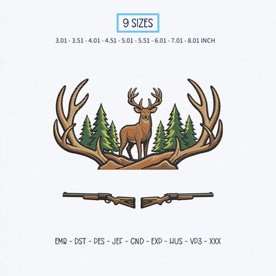 Deer Hunting Embroidery Design – Whitetail Buck Antlers Pine Forest Hunting Rifle Machine Embroidery File Embroidery/Applique DESIGNS PatternFeed8 