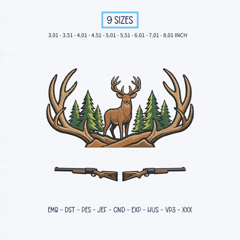 Deer Hunting Embroidery Design – Whitetail Buck Antlers Pine Forest Hunting Rifle Machine Embroidery File Embroidery/Applique DESIGNS PatternFeed8 