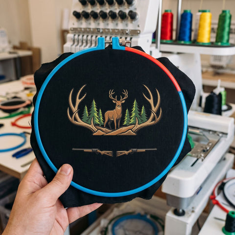 Deer Hunting Embroidery Design – Whitetail Buck Antlers Pine Forest Hunting Rifle Machine Embroidery File Embroidery/Applique DESIGNS PatternFeed8 