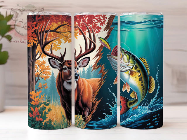 Deer Hunting Fishing Tumbler, Bass Fishing Wrap, Outdoor Sports Cup, 20oz Sublimation Wrap, Stylish Hunting Fishing Tumbler, Artistic Deer Bass Cup, Nature Wildlife Theme Wrap Sublimation Lara' s Designs 