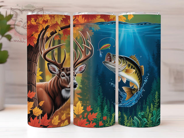 Deer Hunting Fishing Tumbler, Bass Fishing Wrap, Outdoor Sports Cup, 20oz Sublimation Wrap, Stylish Hunting Fishing Tumbler, Artistic Deer Bass Cup, Nature Wildlife Theme Wrap Sublimation Lara' s Designs 