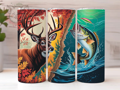 Deer Hunting Fishing Tumbler, Bass Fishing Wrap, Outdoor Sports Cup, 20oz Sublimation Wrap, Stylish Hunting Fishing Tumbler, Artistic Deer Bass Cup, Nature Wildlife Theme Wrap Sublimation Lara' s Designs 